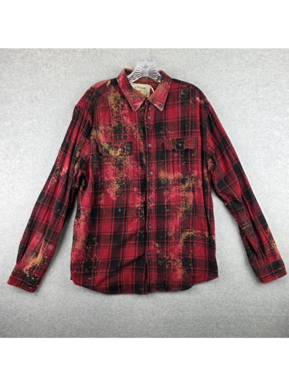 Angry Minnow Flannel Shirt Mens L Red Plaid Yellowstone Bear Patch Distressed - Picture 2 of 8
